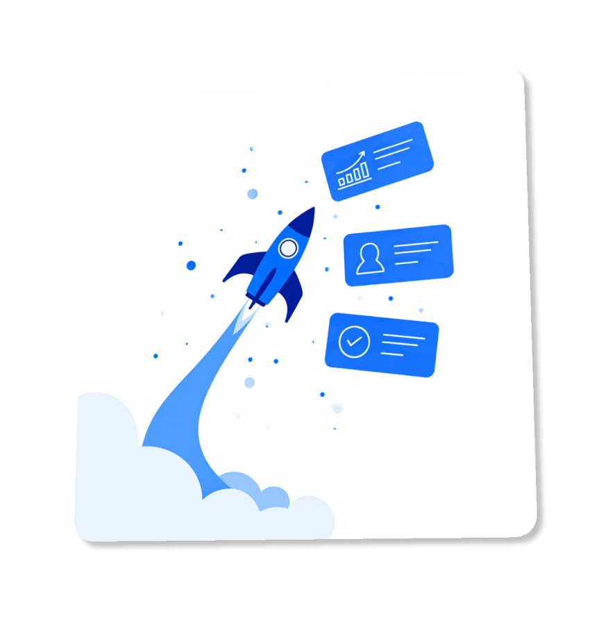 Rocket illustration with floating cards